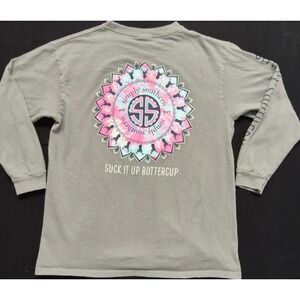 Simply Southern Suck It Up Buttercup L.S. Gray Graphic Print T Womens Size S
